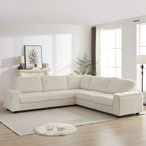 Canapé d'angle surdimensionné en velours côtelé en forme de L de 110 pouces avec deux espaces de rangement, port USB, port Type-C et porte-gobelet