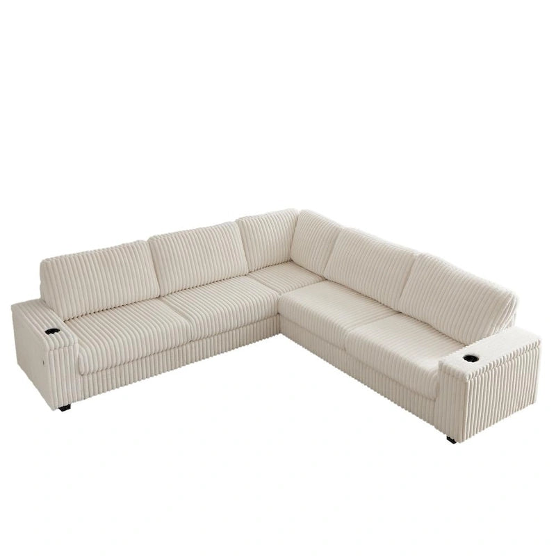 Canapé d'angle surdimensionné en velours côtelé en forme de L de 110 pouces avec deux espaces de rangement, port USB, port Type-C et porte-gobelet