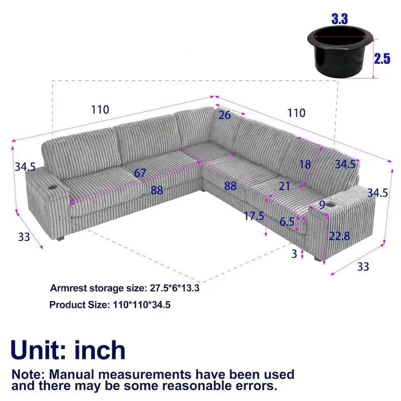 Canapé d'angle surdimensionné en velours côtelé en forme de L de 110 pouces avec deux espaces de rangement, port USB, port Type-C et porte-gobelet