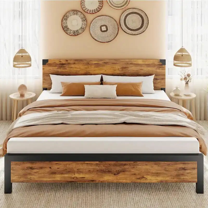 Cadre de lit avec tête de lit en bois, cadre de lit plateforme avec rangement sous le lit