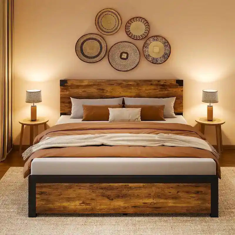 Cadre de lit avec tête de lit en bois, cadre de lit plateforme avec rangement sous le lit