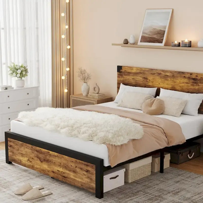 Cadre de lit avec tête de lit en bois, cadre de lit plateforme avec rangement sous le lit