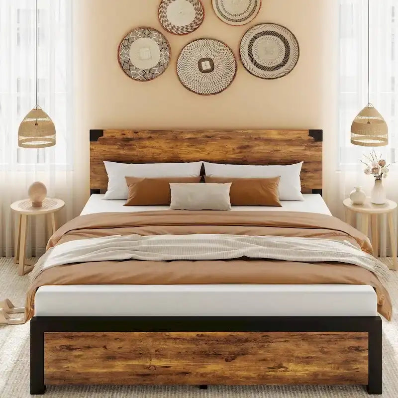 Cadre de lit avec tête de lit en bois, cadre de lit plateforme avec rangement sous le lit