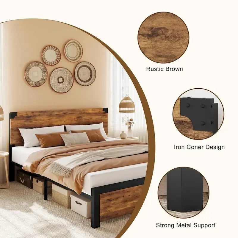 Cadre de lit avec tête de lit en bois, cadre de lit plateforme avec rangement sous le lit