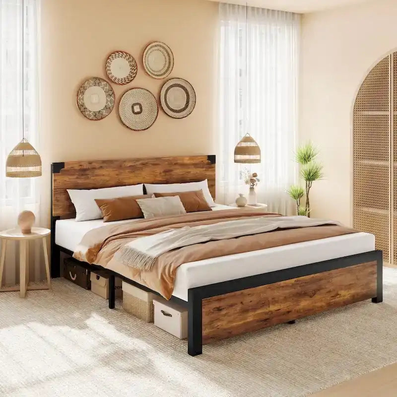 Cadre de lit avec tête de lit en bois, cadre de lit plateforme avec rangement sous le lit