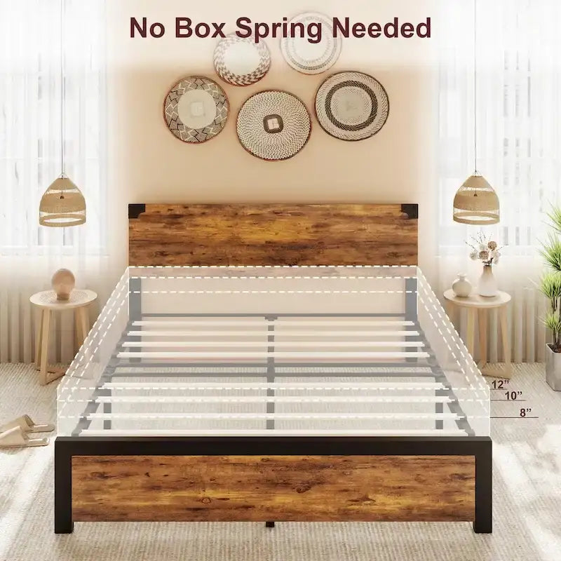 Cadre de lit avec tête de lit en bois, cadre de lit plateforme avec rangement sous le lit